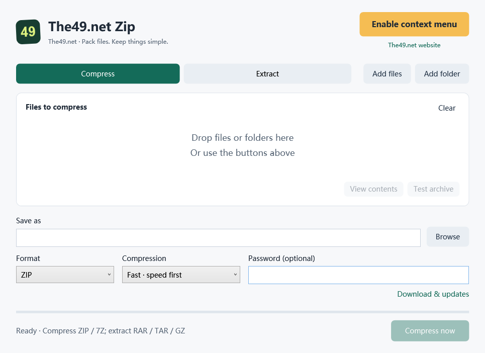 English app interface with The49.net logo, yellow context menu button, file list, formats, password and progress.