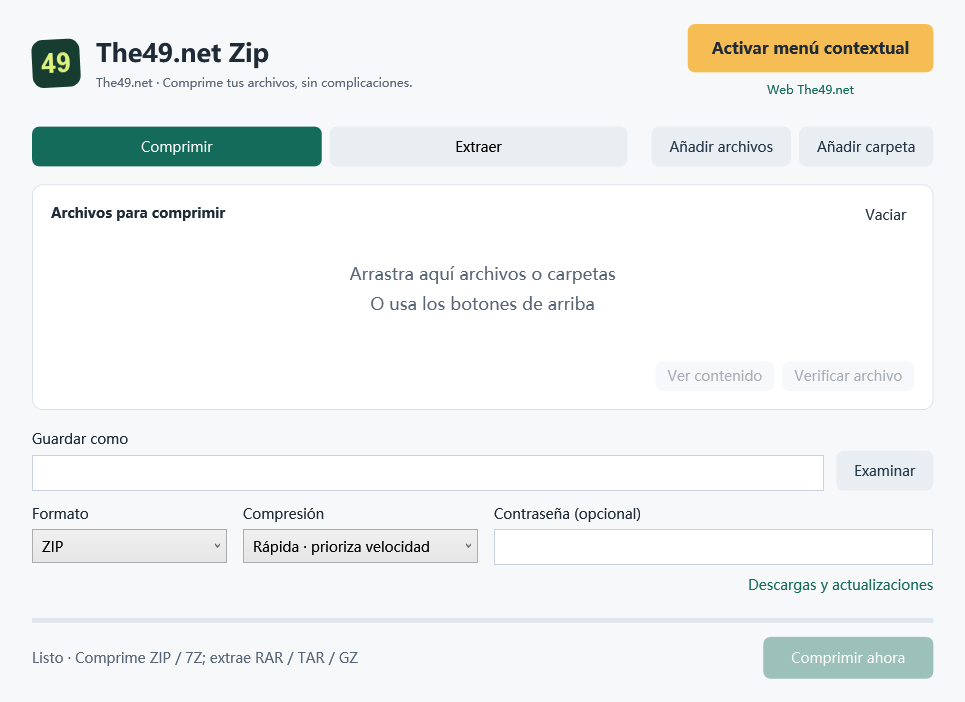 Interfaz en español con el logo The49.net, botón amarillo de menú contextual, archivos, formato, contraseña y progreso.